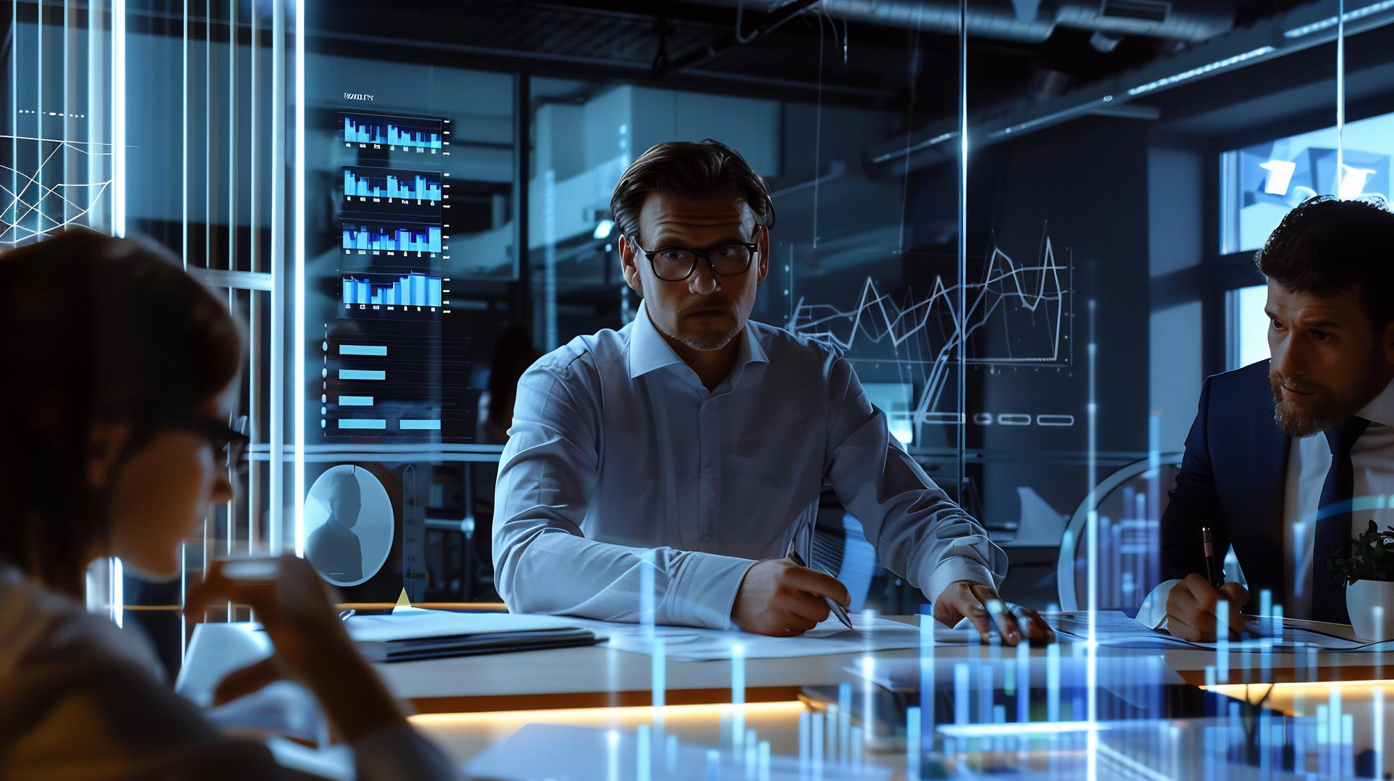 Consultant reviewing financial dashboard on transparent screen